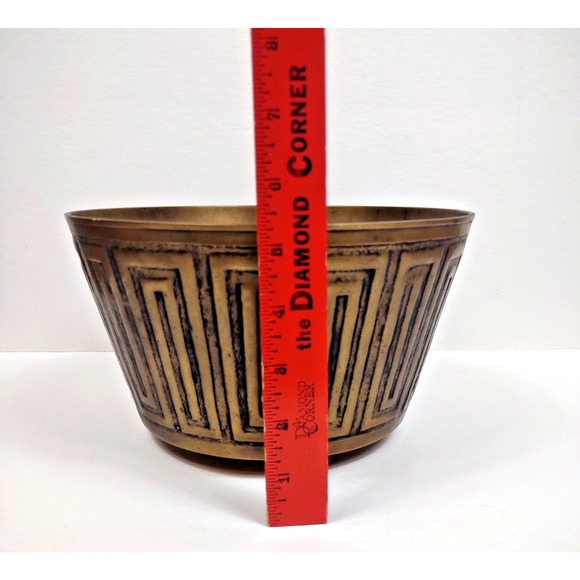 Vintage Solid Brass Heavy Jardineer Planter Urn Pot 9" Geometric Pattern Moorish - Picture 5 of 10